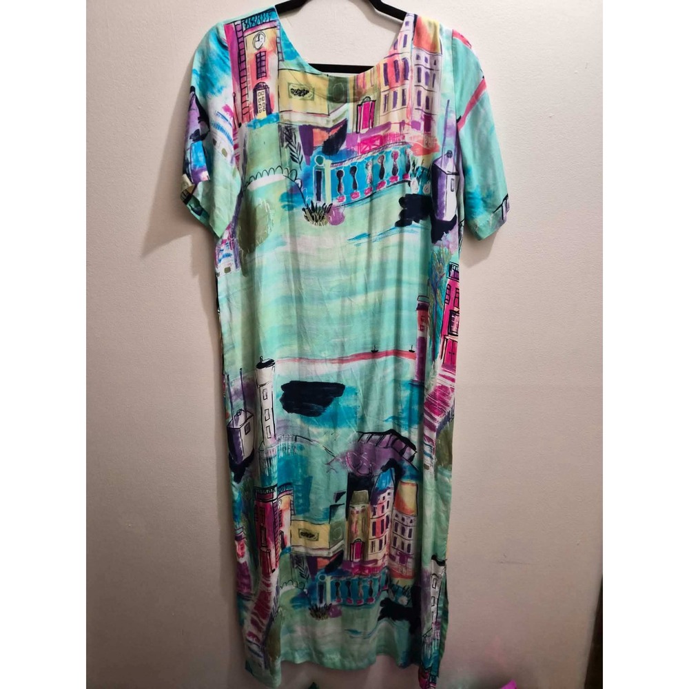 SeaSuns Maxi Dress Women Medium Pastel Beach Sunscape City Print Made in USA